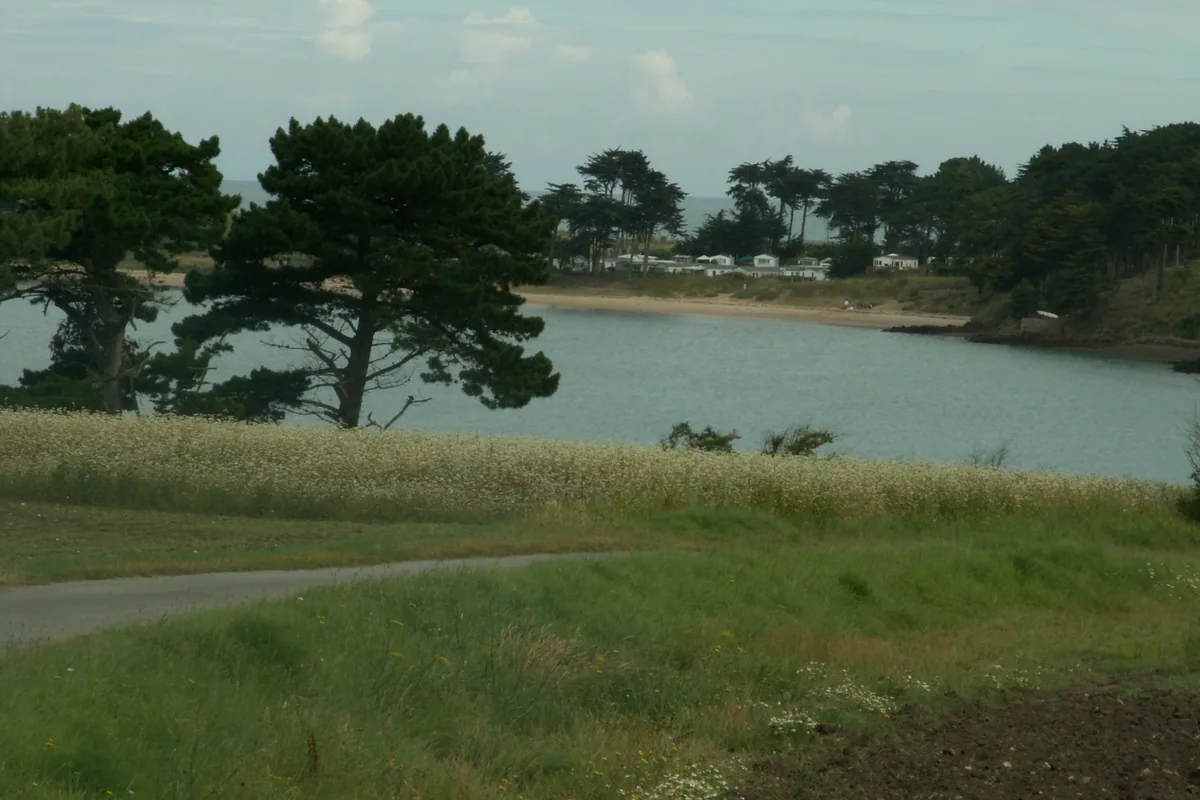 Brittany coastal bay with trees, fields and camping vehicles on the opposite shore