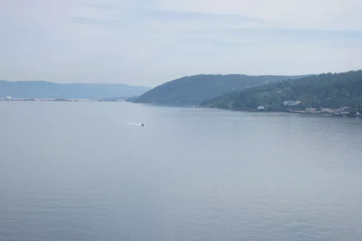 View across the Oslofjord with calm water and wooded shores