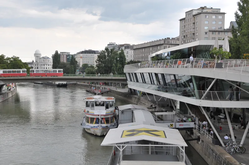 Excursion boat and landing point on the Danube Canal in Vienna