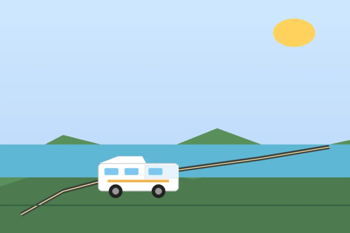 Campervan on a coastal road with sea and hills